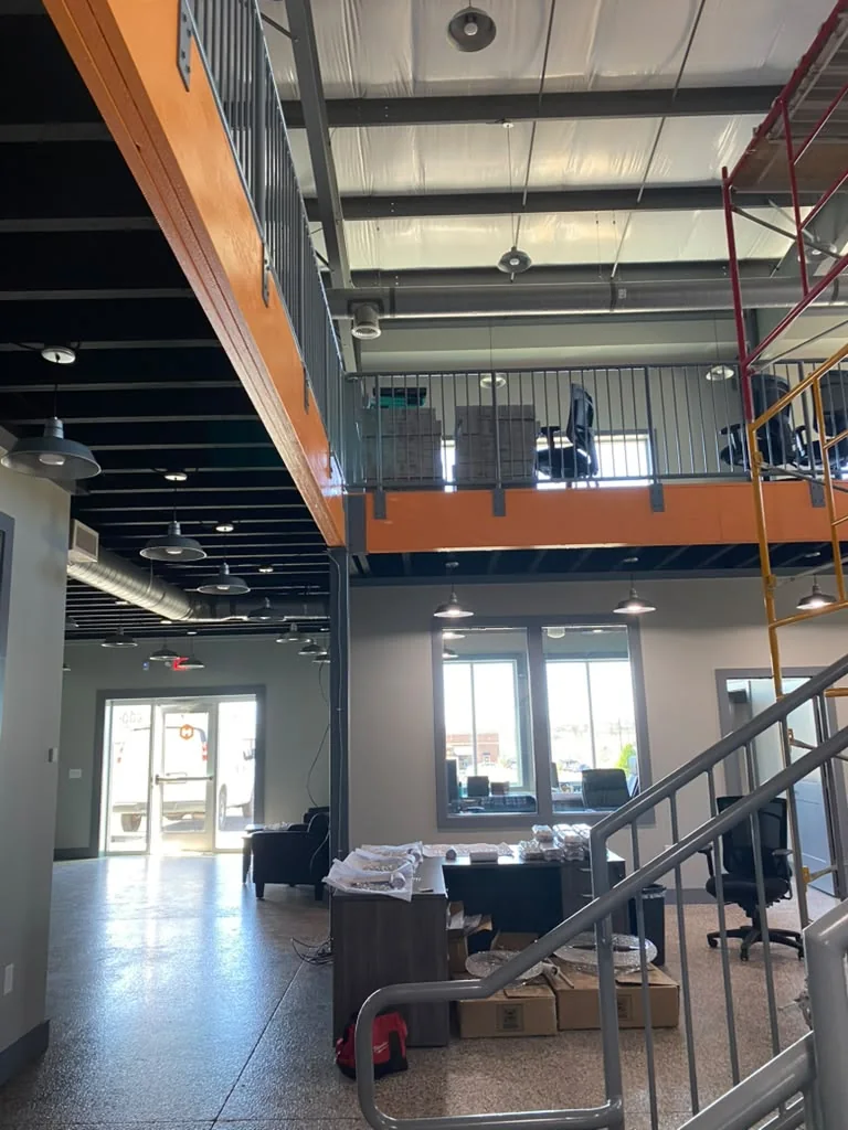Completed commercial interior with exposed structure